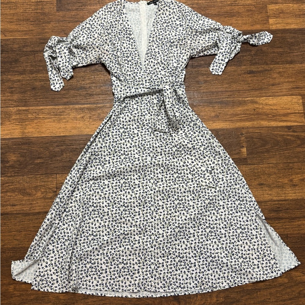 Women's White Maxi Dress with Navy Floral Print and Tie Waist
